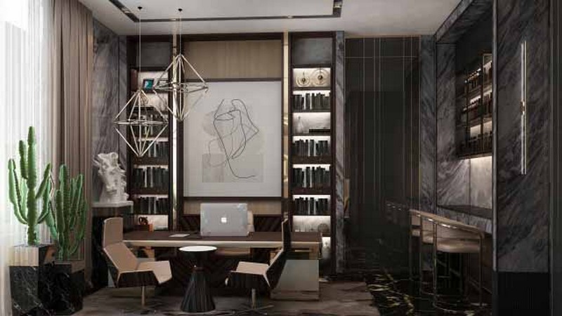 Home office with black walls